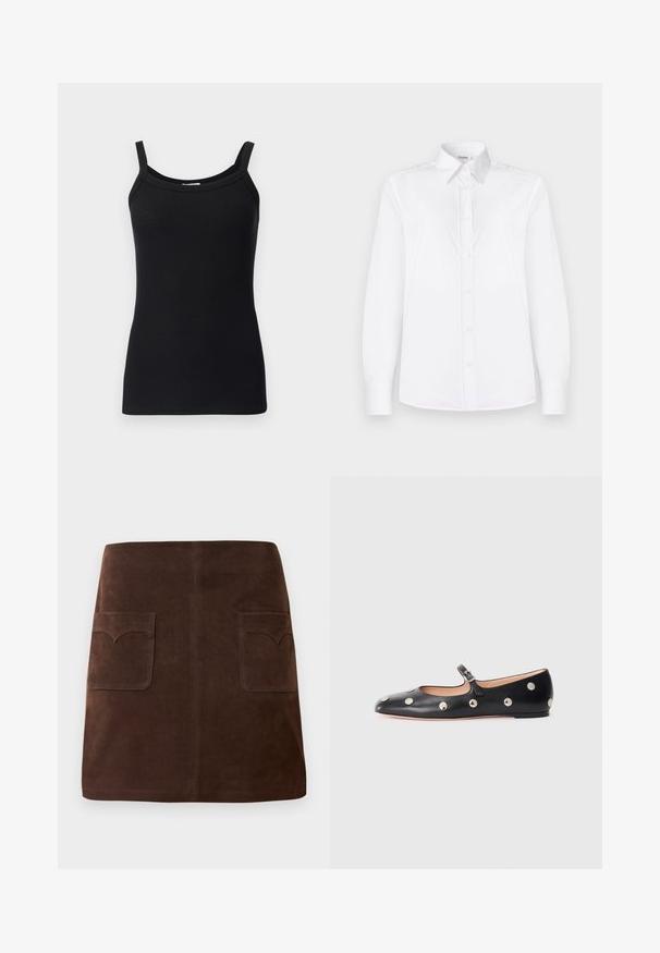 Zwart geribbelde tanktop met dunne schouderbanden, voorzien van een ronde halslijn en een getailleerd ontwerp. Zachte textuur en rekbare stof.; Witte lange mouwen shirt van soepel stof, met een kraaglijn en een knoopsluiting met lichtroze knopen.; Bruin suède rok met een klassieke A-lijn vorm, twee voorzakken met ronde kleppen en subtiele stikdetails.; Zwarte leren Mary Jane ballerina met een ronde neus, voorzien van zilveren ronde studs en een verstelbaar bandje met een gesp.
