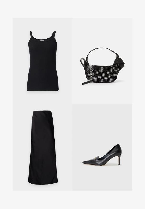 Čierny rebrovaný tielko s tenkými ramienkami, s okrúhlym výstrihom a priliehavým strihom. Mäkká textúra a elastický materiál.; Norma Kamali BIAS OBIE SKIRT - Maxisukňa - black; Čierne kožené lodičky s špicatou špičkou, nízkym vampom a dekoratívnym zlatým akcentom. Majú podpätok typu stiletto a hladký povrch.; Čierna kabelka so cvočkovými ozdobami, reťazovou rukoväťou a hladkým koženým držadlom, so zaobleným tvarom a zipsovým oddelením.