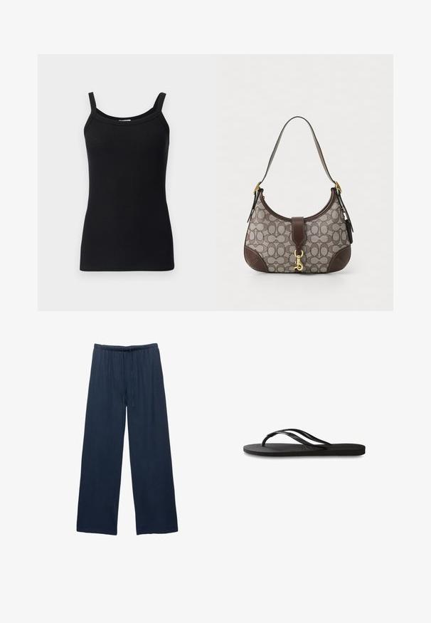 Black ribbed tank top with thin shoulder straps, featuring a rounded neckline and a fitted design. Soft texture and stretchy fabric.; Navy wide-leg pants made from a soft fabric, featuring an elastic waistband with a drawstring for adjustable fit.; Black flip-flop featuring a textured rubber sole, two slender straps, and a subtle, embossed logo detail on the strap.; COACH HAMPTONS HOBO BAG IN SIGNATURE JACQUARD - Handbag - oak maple