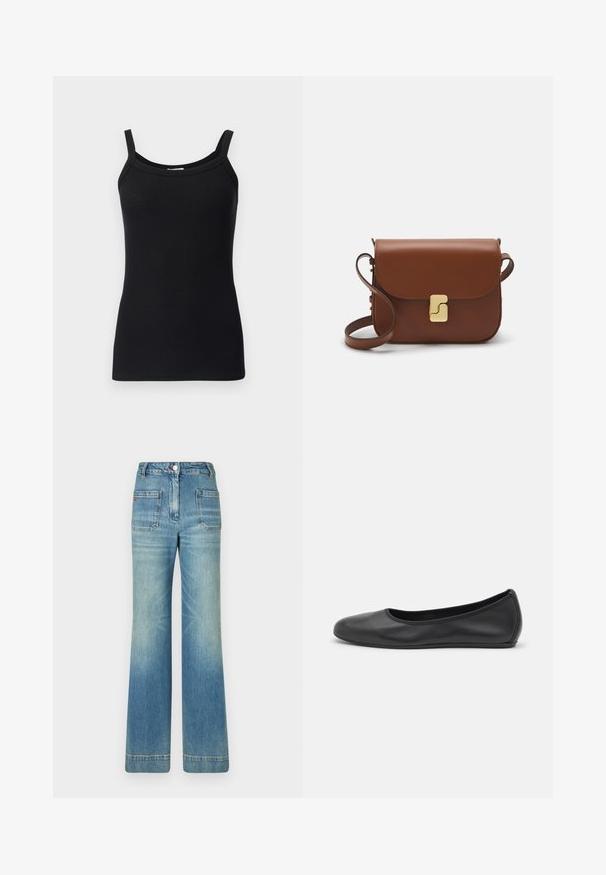 Czarny prążkowany top na ramiączkach z cienkimi paskami, z okrągłym dekoltem i dopasowanym krojem. Miękka tekstura i elastyczny materiał.; Jasnoniebieskie dżinsy w kształcie dzwonów z pięcioma kieszeniami, szlufkami na pasek, zapięciem na guzik i lekko wyblakłą teksturą, z czerwonym logotypem na tyle.; Czarne skórzane baletki z zaokrąglonym noskiem, gładką fakturą, minimalnymi przeszyciami i elastycznym designem podeszwy.; Brązowa skórzana torebka na ramię z klapką, złotymi detalami, paskiem na ramię i gładką teksturą. Kompaktowy prostokątny kształt.