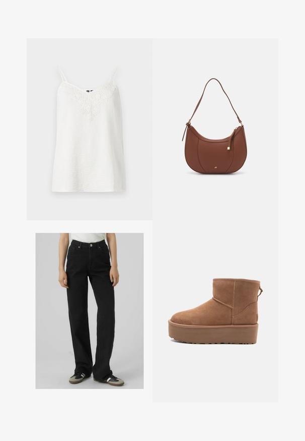 Valkoinen toppi, jossa on ohuet säädettävät olkaimet, teksturoitu kangas ja monimutkainen pitsikoristelu kaula-aukossa.; Mustat korkeavyötäröiset farkut suoranlahkeisella istuvuudella, valmistettu denimestä, joka sisältää kaksi etutaskua ja messinkisiä yksityiskohtia.; Tan suede nilonini kidogo chukua na sahani ya jukwaa, mguu wenye umbo la duara, na mapambo ya kushona; inajumuisha kipande cha kubana nyuma kwa kuvaa kwa urahisi.; Ruskea keinonahkainen olkalaukku, jossa on kaareva muoto, minimaalinen ompelu ja kultasävyinen varuste. Varustettu ylhäältä avautuvalla vetoketjullisella suljennalla ja säädettävällä hihnalla.