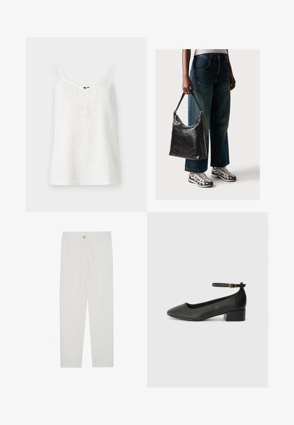 White camisole top with thin adjustable straps, featuring a textured fabric and intricate lace detailing around the neckline.; White, tailored trousers with a straight leg design, featuring a button closure, belt loops, and side pockets; smooth fabric texture.; Black leather pump with a pointed toe and a low block heel. Features an ankle strap with a gold-tone buckle. Smooth texture.; Black leather shoulder bag with a smooth texture and adjustable strap, paired with faded wide-leg jeans and athletic sneakers.