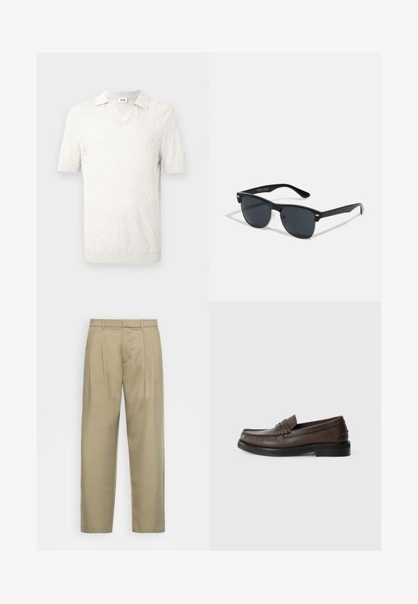 Kortermet polo skjorte i off-white, med teksturert, mønstret stoff, V-hals og kontrasterende krage.; Beige, høytlivs bukser med rett snitt, med flat front, sidelommer og et jevnt, strukturert stoff.; Brune skinnloafers med rund tå, detaljert søm og flat svart såle. Har en liten dekorativ rem over vristen.; Sorte solbriller med rektangulær form, mørke linser, sølvfargede detaljer ved templene, og en matt finish på rammen.