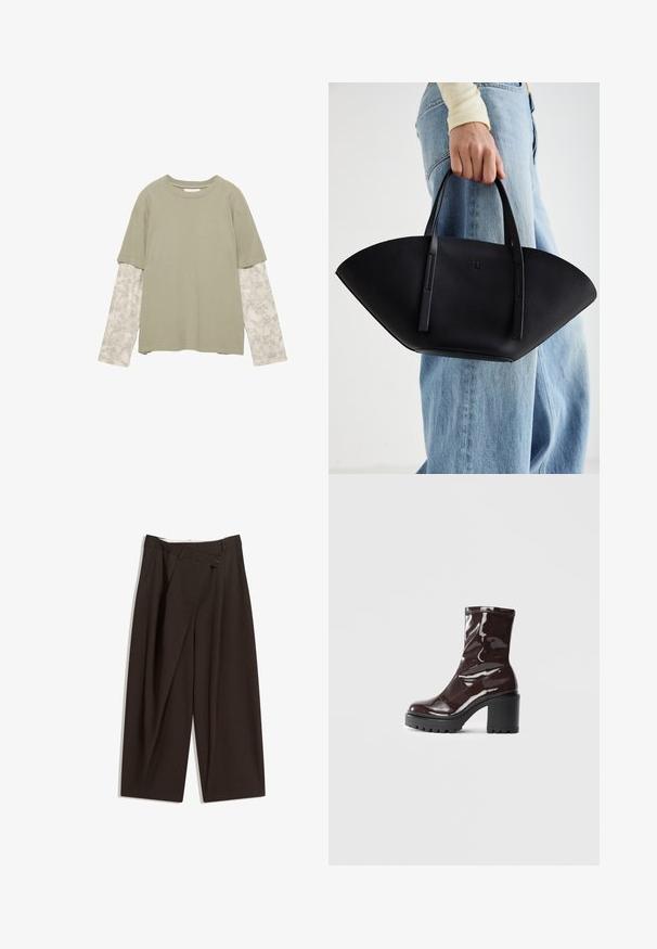 Puuvillasegust, lühikeste varrukatega khaki rohelise tooni top, pikemate mustriliste heledate hallide varrukatega, millel on tekstureeritud muster.; Tummanruskeat leveälahkeiset housut, joissa on korkea vyötärö, yhden napin sulkea ja pleatattu etuosa. Valmistettu kevyestä kankaasta.; Satea bordeaux berwarna mengkilap dengan tumit hitam tebal, menampilkan tekstur halus dan desain sederhana. Tanpa pengikat atau pola yang terlihat.; Musta nahkainen käsilaukku, jossa on ainutlaatuinen tuulihattukuvio, jossa on litteät kahvat. Pinnassa on karkeapintainen rakenne ja minimalistinen muotoilu.