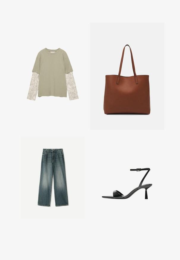 Top din amestec de bumbac, cu mânecă scurtă, de culoare verde kaki, cu mâneci lungi, modelate, de culoare gri deschis, prezentând un design texturat.; Jeans din denim cu picioare largi, într-o nuanță de albastru decolorat, având cinci buzunare, închidere cu buton și detalii subtile de uzură pe partea din față.; Bershka Sandale cu toc - black; Geantă de umăr din piele maro cu o textură netedă, design cu vârf deschis și două curele pentru umăr. Prezintă cusături minime și fără componente metalice vizibile.