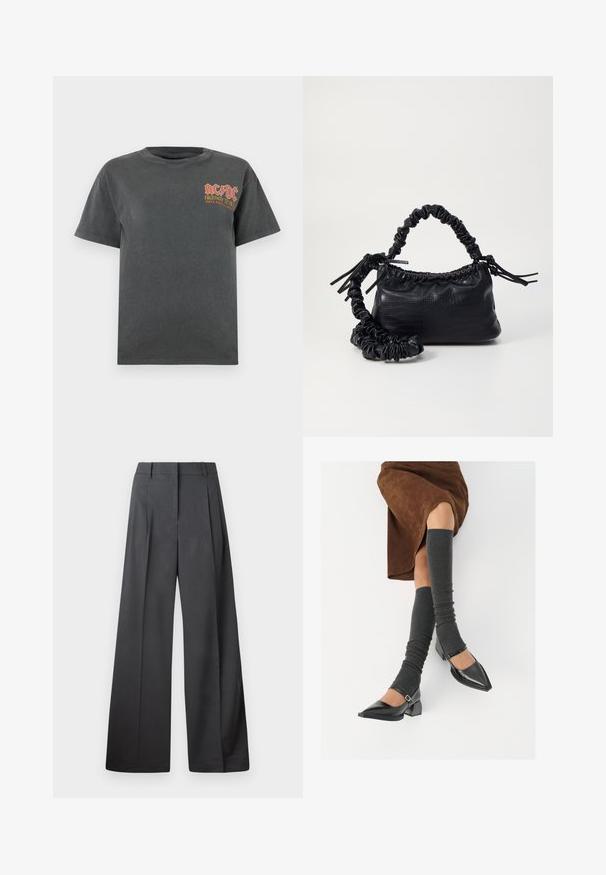 Tumši pelēks kokvilnas T-krekls ar apaļu kaklu. Uz kreisā krūšu laukuma ir sarkans un dzeltens AC/DC logo un uzraksts. Īsas piedurknes, brīva piegriezuma.; Platās kājas bikses tumši pelēkā audumā, ar augstu jostasvietu, ar vienu uzpūstu vīli un gludu tekstūru ar tīru apdari ap malām.; Melnas laka ādas apavi ar norādītu purngalu, blokveida papēdi un potīšu jostu, saskaņoti ar pelēkām ribotām kāju sildītājām un brūnu zamšādas svārku.; Melnā mākslīgās ādas rokassoma ar krokodila rakstu, savilkta augšdaļa un saburzīta siksna. Izskatās mīksta un kompakta pēc dizaina.