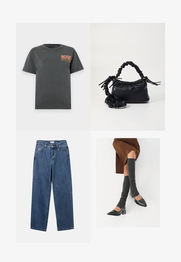 Mørk grå bomulls t-skjorte med rund hals. Har rødt og gult AC/DC-logo og tekst på venstre brystområde. Korte ermer, avslappet passform.; Klassiske blå denimjeans med rett ben-design, fem lommer og knappelukking. Har en middels vask og solid tekstur.; Sorte lakkpumps med spiss tå, blokkhel, og ankelstropp, kombinert med grå ribbestrikkede beinvarmere og et brunt semsket skinn skjørt.; Svart faux skinn-håndveske med krokodilletekstur, strammet topp og en rynket stropp. Ser myk og kompakt ut i designen.