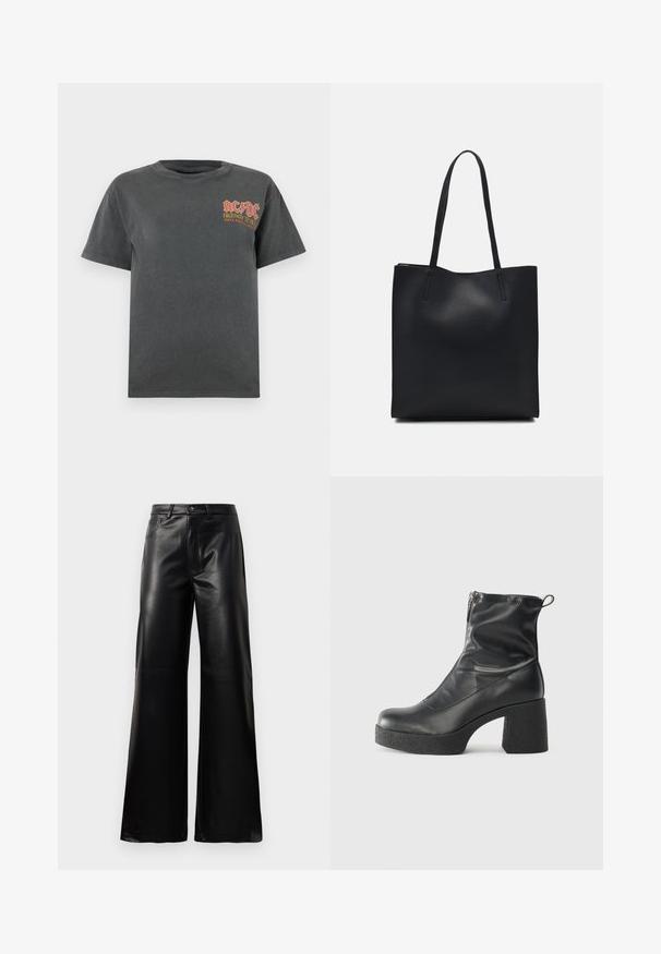 Dark gray cotton t-shirt with a crew neck. Features red and yellow AC/DC logo and text on the left chest area. Short sleeves, relaxed fit.; Black high-waist wide-leg faux leather pants with front button, zip closure, belt loops, and side pockets on white background.; Black ankle boots made of smooth leather, featuring a side zipper, chunky textured heel, and rounded toe design.; Black leather tote bag with smooth texture, rectangular shape, and two long handles. No visible hardware or embellishments.