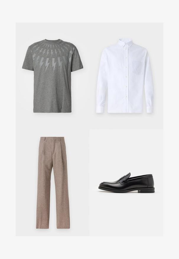 Gray cotton t-shirt featuring a graphic design of light gray lightning bolts arranged in a circular pattern around the neckline.; White long-sleeve button-up shirt made of cotton, featuring a chest pocket with tonal embroidery, a collar, and button cuffs.; Brown, high-waisted trousers made of textured fabric. Features wide legs and two front pleats for structure. Neat finish with no visible hardware.; Black leather loafers with a smooth texture, rounded toe, and a decorative strap across the vamp. Low stacked heel, minimalist design.