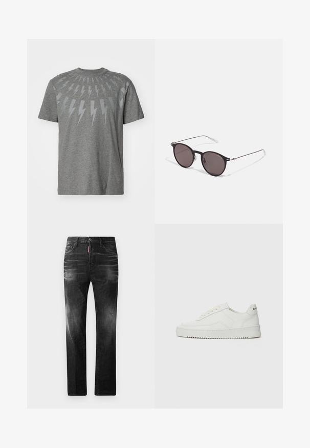 Šedé bavlněné tričko se vzorem světle šedých blesků uspořádaných do kruhového vzoru kolem výstřihu.; Černé džíny z denimu se rovnými nohavicemi. Obsahují vybledlé oblasti, drobné poškození, klasický pětikapsový design a zapínání na knoflík.; Bílé kožené tenisky s hladkým povrchem, kulatou špičkou, plochými tkaničkami a texturovanou podrážkou. Na patě se nachází nenápadné logo.; Černé kulaté sluneční brýle s tmavými skly a tenkými kovovými nohami. Obsahují průhledné koncovky nožiček a stříbrné akcenty na pantu. Minimalistický design.
