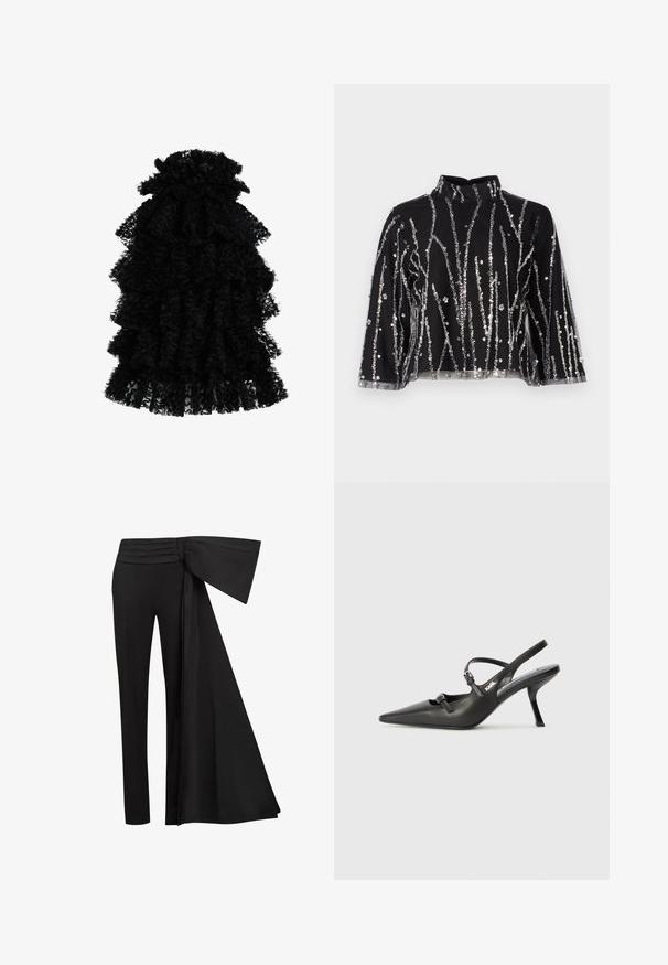 Schwarzes, rüschendes Kleid aus strukturiertem Stoff, das mehrere Lagen und einen gerafften Ausschnitt aufweist, wodurch eine voluminöse Silhouette entsteht.; Schwarzes crop-top mit hohem Kragen, das mit silbernen, glitzernden, vertikalen Linien, durchsichtigen Ärmeln und strukturiertem Stoff versehen ist.; Schwarze Hosen mit einem breiten, drapierten Taillendetail. Glattes Material, gerade Beinform und gefalteter Bund.; Schwarzlederne Slingback-Absätze mit spitzer Zehenform, schlankem Absatz und dekorativem Schnallendetail auf dem Blatt. Glatte Textur und elegantes Design.