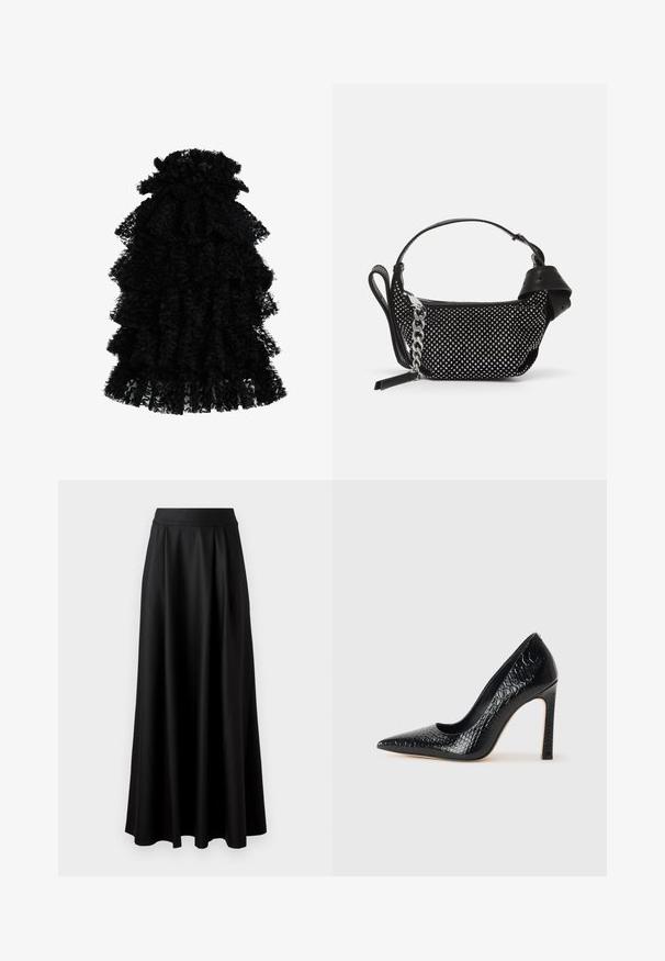 Fekete, fodros ruha textúrált anyagból, amely több rétegből készült és ráncolt dekoltázsa van, így légies sziluettet teremt.; Fekete, földig érő szoknya sima textúrával, széles derékrésszel és plisszézett dizájnnal, látható minták vagy díszítések nélkül.; Fekete hegyes orrú magassarkú cipő krokodilbőr textúrával, letisztult dizájnnal, magas tűsarkú és sima fekete belső résszel.; Fekete kézitáska szegecses díszítéssel, láncos pánttal és sima bőr fogantyúval, lekerekített formával és cipzáras rekesszel.