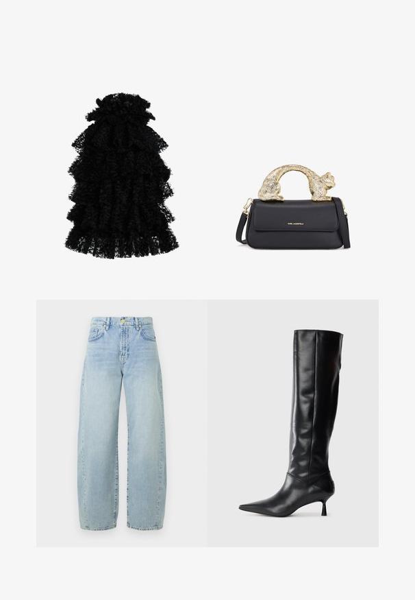 Schwarzes, rüschendes Kleid aus strukturiertem Stoff, das mehrere Lagen und einen gerafften Ausschnitt aufweist, wodurch eine voluminöse Silhouette entsteht.; Hellblaue Denim-Jeans im weiten Schnitt mit hoher Taille, leichtem Ausbleichen, fünf Taschen und goldfarbener Hardware. Der Saum ist gerade und unvollendet.; Schwarze Lederstiefel bis zum Knie mit spitzem Zehenbereich und schmalem, geschwungenem Absatz. Glatte Textur, enganliegendes Design und keine sichtbaren Beschläge oder Muster.; Schwarze Ledertasche mit einem goldenen katzenförmigen Griff, ausgestattet mit einem vorderen Klappenverschluss, einem verstellbaren Trageriemen und einem Logodetail auf der unteren Vorderseite.