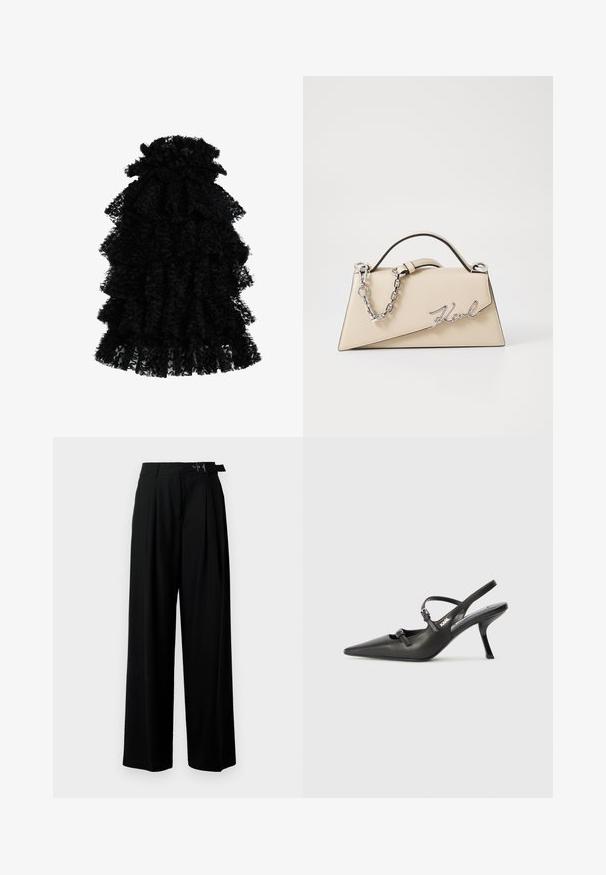 Melnā drānā kleita, kas izgatavota no teksturēta auduma, ar vairākiem slāņiem un saplācotu kakla izgriezumu, radot apjomīgu siluetu.; Melni plaši bikses ar augsto jostasvītru, priekšā ar krokojiem un jostu ar sprādzi. Izgatavotas no gludas, vieglas auduma.; Melnas ādas slingback papēži ar norādītu purngalu, izsmalcinātu papēdi un dekoratīvu sprādzi uz priekšpuses. Gluda tekstūra un elegants dizains.; Bežs ādas roku soma ar strukturētu, trīsstūrveida formu, piedāvā sudraba ķēdes rokturi un kursīva metāla logotipu.