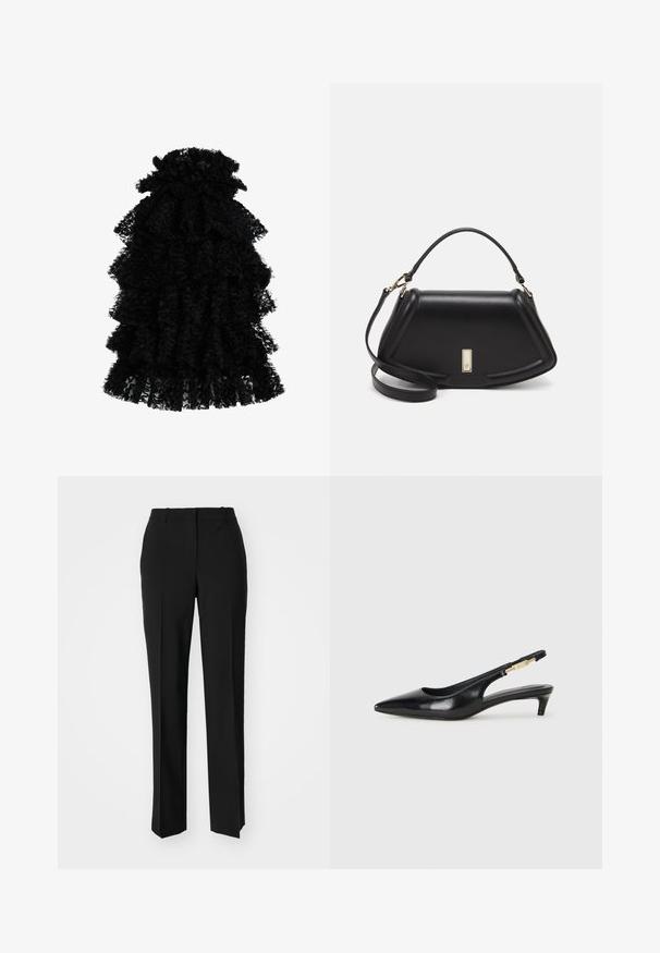 Črna nagubana obleka iz teksturirane tkanine, ki ima več plasti in zbrano izrezan vrat, kar ustvarja obsežno silhueto.; Črne krojene hlače s direktnim krojem, ki se ponašajo z gladko teksturo in ostrimi pregibi spredaj. Ni vidne kovine.; Črne usnjene sandale na peto z ostro konico, ki imajo tanko peto in zlat ton na nastavljivem traku. Gladka tekstura.; Črna usnjena torbica s strukturnim dizajnom, ki ima skrajšano obliko, zgornji ročaj in zlate dodatke. Vključena je nastavljiva ramenska naramnica.