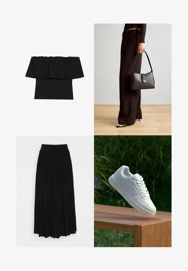 Mustassa olkaimeton paita, jossa on rypytetty kangas kaula-aukossa, vartalolle istuva tekstuuri ja lyhyet hihat. Pehmeä, sileä materiaali.; Musta plyytilaakkohame, jossa on korkea, joustava vyötärö. Valmistettu pehmeästä kankaasta, jossa on pystysuoria plyysit, jotka luovat virtaavan siluetin.; Valkoiset tennarit, joissa on sileä synteettinen päällinen, rei'itetty varvasosa, litteät nauhat ja teksturoitu pohja, esillä puupinnalla.; Musta käsilaukku, jossa on rakenteellinen muoto, sileä pinta ja metallinen solki. Yhdistetty leveisiin mustiin housuihin ja avonaiheisiin sandaaleihin puulattialla.