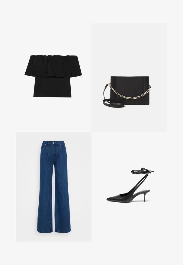 Zwarte off-shoulder top met geplooid materiaal bij de halslijn, een aansluitende pasvorm op het lichaam en korte mouwen. Zachte, soepele stof.; Blauwe denim jeans met wijde pijpen en een hoge taille, voorzien van een knoop- en ritssluiting aan de voorkant, en voor- en achterzakken op een effen achtergrond.; Zwarte leren stiletto-schoen met een spitse neus, open achterkant en enkelschoentjes die in een strik zijn geknoopt. Slanke 3-inch hak. Glad textuur, minimalistisch ontwerp.; Zwarte leren schoudertas met een gladde textuur, rechthoekige vorm en een metallic kettingdetail aan de voorkant. Verstelbare schouderband inbegrepen.