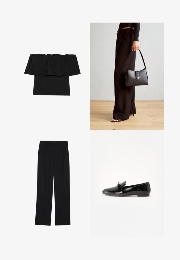 Top nero senza spalle con tessuto arricciato al collo, texture aderente sul corpo e maniche corte. Materiale morbido e liscio.; Pantaloni neri con un design a gamba dritta, dotati di due tasche frontali e di una vita. Realizzati in un tessuto morbido e leggero.; Mocassino in pelle verniciata nera con suola piatta, punta arrotondata e una fascia decorativa con accento in tonalità oro. Finitura liscia e lucida.; Borsa nera con forma strutturata, texture liscia e una chiusura metallica. Abbinata a pantaloni neri larghi e sandali open-toe su un pavimento in legno.