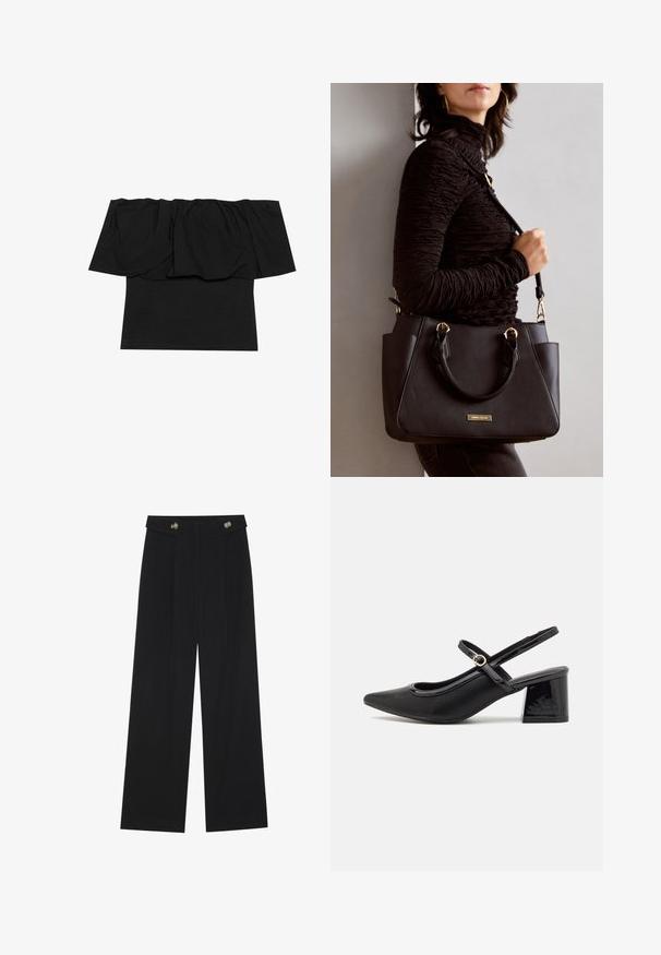Črna majica brez naramnic s nabranim materialom na ovratniku, prilegajočim resom na telesu in kratkimi rokavi. Mehka, gladka tkanina.; Črne široke hlače s visokim pasom, gumbnimi detajli na pasu in sprednjimi gubami.; Črne patentne usnjene salonarce s slingback obliko, s koničastim nosom, zaobljenim izrezom in blok peto. Imajo zlato kovinsko zaponko kot dodatno okrasje.; Črna torbica z teksturirano površino, z dvema zgornjima ročajema in nastavljivim ramenskim pasom. Ima zlatovrateče dodatke in stranske žepe.