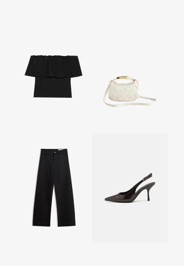 Fekete, vállnélküli felsőrész, amelynek dekoltázsán ráncolt anyag található, a testhez simuló fazon, és rövid ujjakkal rendelkezik. Puha, sima anyag.; Fekete, bő szabású farmernadrág magas derékkal, elülső és hátsó zsebekkel, varrott felületekkel és gombos záródással. Sima textúra.; Fényes sötétbarna lakkbőr magas sarkú slingback cipő, hegyes orral, nyitott oldalakkal és állítható bokapánttal.; Fehér, szőtt bőr kézitáska aranyszínű fogantyúval, levehető vállpánttal és lekerekített aljjal. A tetején cipzárral záródik.