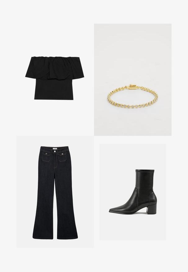 Must mustriba mustaari ülemine osa, mis on kaelusest kogutud kangaga, keha külge sobiv tekstuur ja lühikesed varrukad. Pehme, sile materjal.; Mustad tume denim püksid, millel on kõrge vöökoht, kaks esikot ja oranž õmblus. Materjal näeb välja vastupidav ja sile.; Mustad muste sandaalid, mis on valmistatud siledast nahast, terava ninaga, plokknööriga ja eristuva tõstetud õmblusega ülemisel serval.; Kuldne metallist käevõru, mis on kaunistatud ühtlaselt paigutatud ümmarguste selgete rhinestone'idega, ühel küljel klambriga sulgur. Sile tekstuur ja läikiv viimistlus.