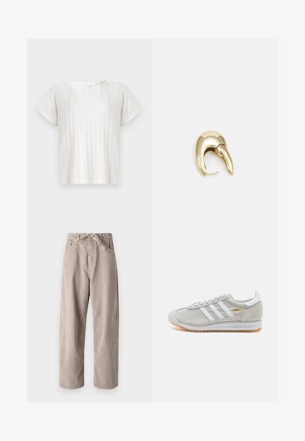 Top bianco a maniche corte con texture a righe verticali e scollatura rotonda. Vestibilità comoda. Tessuto morbido e leggero. Senza chiusure visibili.; Pantaloni in velluto a coste beige con vestibilità ampia, dotati di vita con cordoncino, due tasche frontali e lavorazione a coste verticali.; Sneaker grigio chiaro realizzato in suede e rete, con tre strisce bianche, punta arrotondata e suola in gomma color caramello. Accento del logo dorato vicino ai lacci.; Orecchino in metallo color oro con un design elegante e curvo. Presenta una forma appuntita distintiva, superficie lucida e chiusura a cerniera.