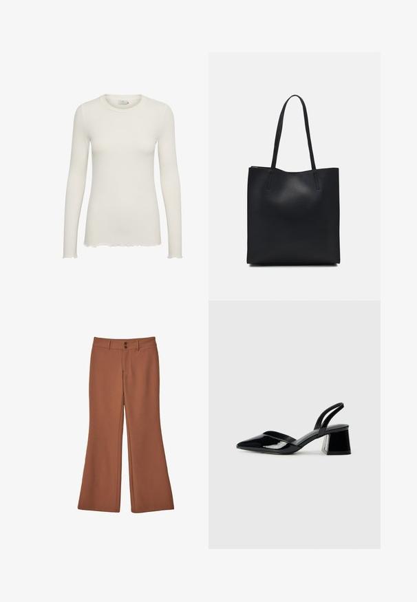 White long-sleeve ribbed top with a round neckline and scalloped hem. Made of soft fabric, featuring a fitted silhouette.; Brown, flared trousers made of soft fabric. Features two front buttons and a smooth texture with no visible patterns or accents.; Black patent leather slingback heels with a pointed toe and a geometric block heel. Features a sleek, minimal design and smooth texture.; Black leather tote bag with smooth texture, rectangular shape, and two long handles. No visible hardware or embellishments.