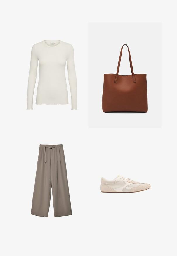 White long-sleeve ribbed top with a round neckline and scalloped hem. Made of soft fabric, featuring a fitted silhouette.; Wide-leg trousers in a soft, muted grey fabric, featuring a belted waist and pleats for added design detail. Smooth texture, no patterns.; Beige athletic shoe featuring a mix of mesh and suede materials, rounded toe, and laces. Textured accents on the upper enhance grip.; Brown leather tote bag with a smooth texture, open top design, and two shoulder straps. Features minimal stitching and no visible hardware.