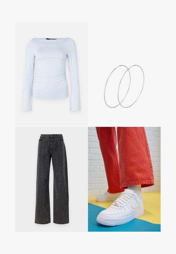 Hele sinine pika varrukaga ülikond, mis on valmistatud pehmest ja elastsetest kangast, paeltega kaelaaugu ja külgede kogumisega detailidega, mis moodustavad kehakujulise silueti.; Noisy May NMJANNEL LOOSE - Avar lõikega teksad - black denim; Valge nahast tennis, millel on perforeeritud varvas, tekstureeritud tallad ja valged shoelaces, kombineeritud laia punase pükste ja sinise ning kollase taustaga.; Hõbedased rõngastikkaehingad minimalistlikus disainis. Ümar kuju, sile tekstuur ja õhuke profiil. Kerged ning poleeritud viimistlusega.