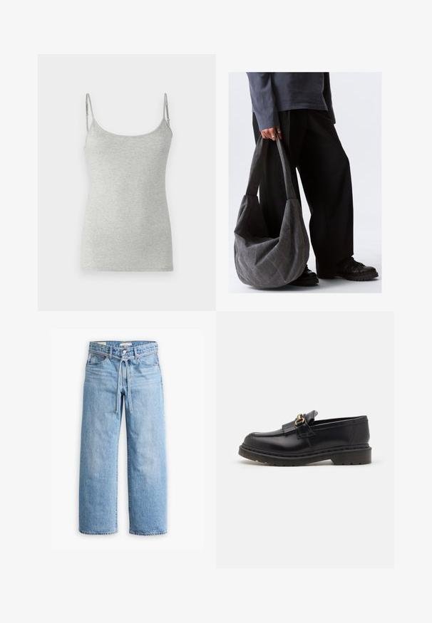 Top gri din bumbac moale, cu bretele subțiri ajustabile și un decolteu rotund, având un finisaj neted și texturat.; Jeanși cu talie înaltă, de culoare albastru deschis, cu picioare largi, închidere cu nasture și fermoar, și detaliu cu șnur la talie. Terminare brută a marginii.; Loafers din piele neagră cu vârf rotunjit, franjuri decorative și accente din hardware auriu. Talpă groasă din cauciuc pentru aderență și durabilitate sporită.; Geantă de umăr din țesătură gri, cu o formă relaxată, având o textură netedă și curele late. Geanta este ținută de o persoană îmbrăcată în pantaloni negri.