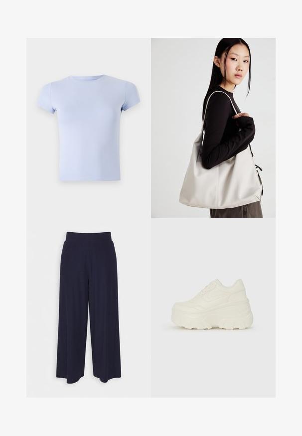 T-shirt azul claro de mangas curtas, feito de um tecido liso e elástico, com um decote redondo e uma silhueta ajustada. Sem padrões ou acentos visíveis.; Calças largas em tecido azul-marinho escuro com uma textura ribada. Apresenta uma cintura suave e uma silhueta fluida, atingindo o comprimento até metade da panturrilha.; Tênis brancos de plataforma com um cabedal suave semelhante a couro, formato arredondado, colarinho acolchoado e sola de borracha texturizada com ranhuras bem definidas.; Uma bolsa bege feita de material macio, com um design descontraído, detalhes de costura e duas alças para o ombro. Adequada para uso diário.