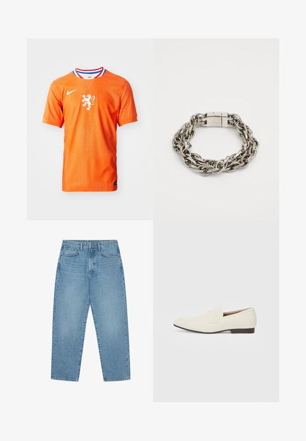 Narancssárga, rövid ujjú focimez pöttyös textúrával, fehér oroszlán emblémával és több színű gallérral. Könnyű anyagból készült.; Világoskék farmer széles szárú nadrág magas derékkal, öt zsebből, övhurkokkal és puha, enyhén fakó textúrával.; Világos bézs loaferek hegyes orral, sima anyagból, a lábfejen lévő pánttal és alacsony barna talppal. Egyszerű dizájn, minimális díszítéssel.; Ezüst fém lánc karkötő, fonott kialakítással, texturált szálakkal és kapoccsal. Simább felületű, tükröződő felületekkel rendelkezik.