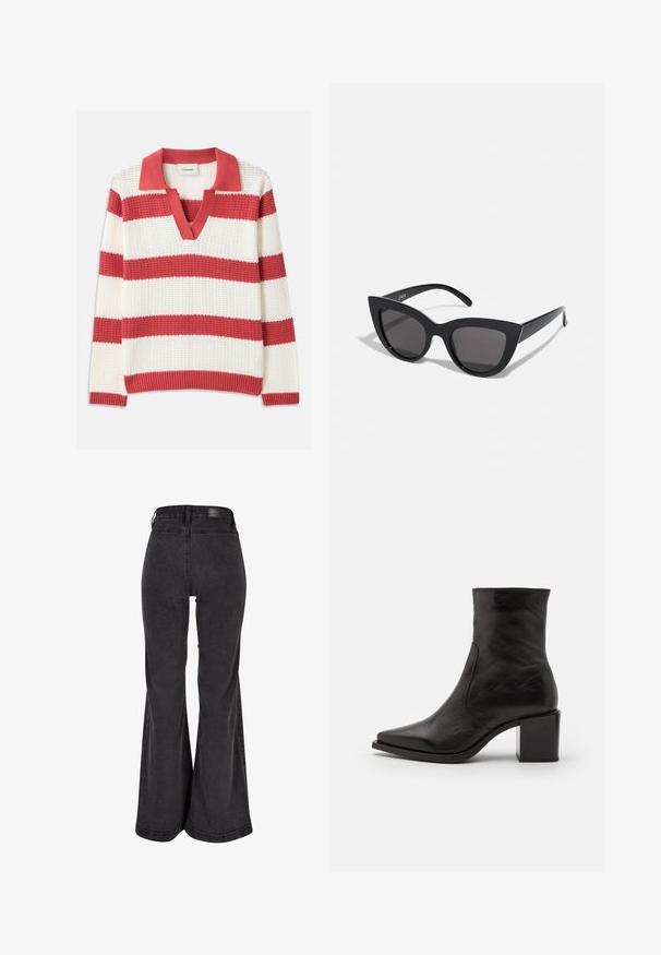 Rød og hvid stribet strikket sweater med V-hals og krave. Tekstureret materiale med brede horizontale striber og ribbet kant.; Sorte flared jeans med en glat tekstur, høj talje og et mærke på bagsiden. Har en vid bukseben design og forstærkede syninger.; Sort læder ankelstøvle med firkantet tå og blokhæl. Designet har en glat overflade og minimale syninger.; Sorte cat-eye solbriller med mat finish, der har grå tonede linser, skarpe vinkler og slanke sidearme. Mærkenavnet er synligt på den indre arm.