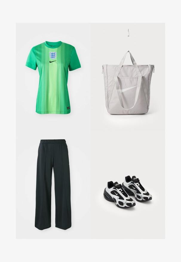 Zaļš sporta krekls ar vertikālām svītrām, apaļu kaklu un emblēmu ar vairogu logotipu. Izgatavots no gludas, vieglas auduma.; Melnas, platajās sporta bikses ar elastīgu jostu. Izgatavotas no gludas, elastīgas auduma, ar viegli pamanāmiem priekšējiem šuvēm un bez kabatām.; Melnas un sudraba krāsas sporta kurpes ar sietiņu un sintētisku virsu, izceļoties ar izteiktu viļņotu dizainu un mīkstinātu apkaklīti, kā arī gaisa amortizāciju zole.; Pelēka iepirkumu soma ar pastiprinātiem rokturiem, priekšējo kabatu ar rāvējslēdzēju un baltu Nike swoosh logotipu. Izgatavota no izturīga auduma ar gludu tekstūru.
