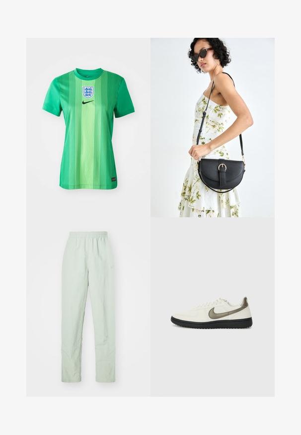 Zielona koszulka sportowa z pionowymi paskami, okrągłym dekoltem oraz herbem z logo w kształcie tarczy. Wykonana z gładkiego, lekkiego materiału.; Jasnozielone, lekkie spodnie z elastycznym pasem. Prosty krój nogawki, o minimalnej fakturze i subtelnym logo.; Nike Sportswear - Sneakersy niskie; Czarna skórzana torebka o zakrzywionym kształcie, z odpinanym paskiem i złotymi akcentami. Torebka posiada klapę z zapięciem w kształcie klamry.