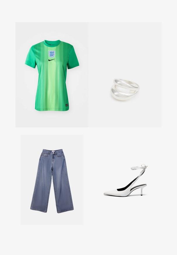 Zaļš sporta krekls ar vertikālām svītrām, apaļu kaklu un emblēmu ar vairogu logotipu. Izgatavots no gludas, vieglas auduma.; Platas kājas denima bikses gaiši zils mazgājumā, ar augstu jostasvietu, priekšējām kabatām un pogu aizdari ar jostas cilpiņām.; Baltas, ar norādītu pirkstu, ar siksniņu ap potīti. Gluda ādas virsma, plāns stiletto papēdis un melna iekšējā oderējums.; Sudraba divu joslu gredzens ar gludu, pulētu virsmu. Iezīmējas ar plūstošu, izliekta dizaina struktūru ar pārklājošām sekcijām modernam izskatam.