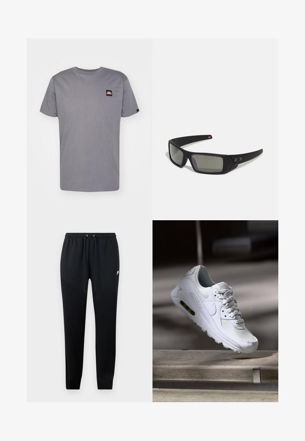 Pelēks kokvilnas T-krekls ar īsām piedurknēm, apaļu kakla izgriezumu un mazu logotipa uzlīmi kreisajā augšējā stūrī. Īpašības ietver taisnu apakšmalu un maigumu.; Melni sporta bikses, kas izgatavotas no mīksta auduma, ar elastīgu jostu un auklām, nofiksētām potītēm un mazu logo detaļu sānos.; Baltas Nike Air Max 90 sporta apavi ar sietu un ādas augšdaļu, caurspīdīgu pirksta daļu un redzamu gaisa vienību papēdī.; Melni saulesbrilles ar matētu apdari, taisnstūra lēcām, nedaudz izliektiem tempļiem, smalkiem logotipa elementiem un dūmu nokrāsas lēcām.