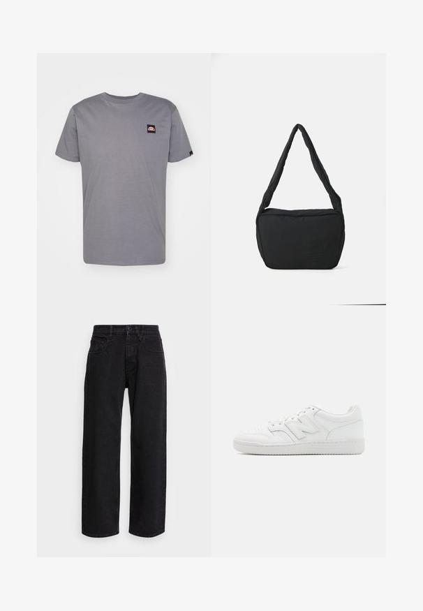 Gray cotton t-shirt with short sleeves, crew neck, and a small logo patch in the top left corner. Features a straight hem and soft texture.; Black denim wide-leg pants with a high waist, featuring five pockets and a button closure. Fabric has a smooth texture and slight stretch.; White sneaker made of smooth leather, featuring perforated toe, a textured rubber sole, flat laces, and a prominent 'N' logo on the side.; Black shoulder bag with a padded texture, a rounded shape, and a wide strap, featuring an embossed logo on the front.