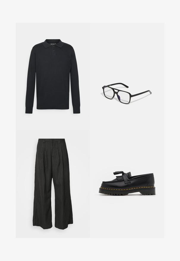 Czarna koszulka polo z długim rękawem, wykonana z bawełny, z kołnierzykiem, trzema guzikami oraz ściągaczami na rękawach. Prosty, klasyczny design.; Czarne spodnie w szerokie nogawki w paski, z zakładkami, charakteryzujące się dopasowanym krojem i miękką teksturą. Brak widocznych metalowych elementów lub akcentów.; Czarny skórzany mokasyn z frędzelkowymi akcentami, z masywną czarną podeszwą i żółtym przeszyciem wzdłuż krawędzi. Teksturowane wykończenie.; Czarne prostokątne okulary z przezroczystymi soczewkami i subtelnym fioletowym odcieniem, z eleganckimi zausznikami i minimalistycznym designem.
