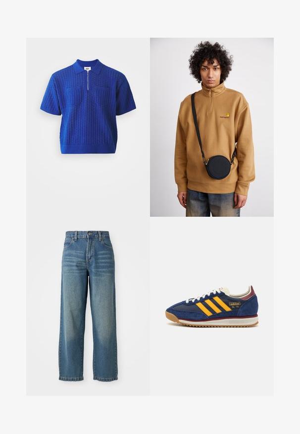 Kék pólóing, rövid ujjú, függőleges textúrált mintával, két elülső zsebbel és középső cipzárral. Kötött anyagból készült.; Világoskék farmer széles lábú nadrág magas derekú fazonnal, öt zsebbel és enyhén kopott hatással. Gombbal és cipzárral záródik.; Sötétkék velúr sportcipő sárga cscsíkokkal, fehér fűzőkkel és bordeaux vörös kiegészítőkkel. Texturált talp barázdákkal a tapadás érdekében. Márkajelzés az oldalon.; Barna negyedzipzáras polárpulóver hímzett logóval, amelyet egy fekete, cipzáras, logós részlettel ellátott keresztpántos táska alatt viselnek farmernadrág felett.