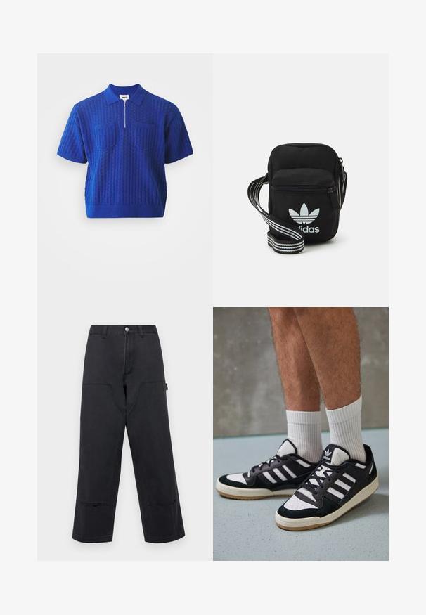 Blauwe poloshirt met korte mouwen, gemêleerde verticale patronen, twee voorkennis en een centrale rits. Gemaakt van gebreide stof.; Zwarte wijde broek in denimstof met grote voorzakken, rechte snit en contrasterende stiksels. Voorzien van een metalen knoopsluiting.; Zwart-witte sneakers met een bovenwerk van suede en leer, voorzien van drie witte strepen, een geperforeerde neus en een rubberen gumzool.; Zwarte stoffen schoudertas met een ritssluiting, voorzien van een wit Adidas-logo en een gestreepte, verstelbare schouderband voor gemakkelijk dragen.