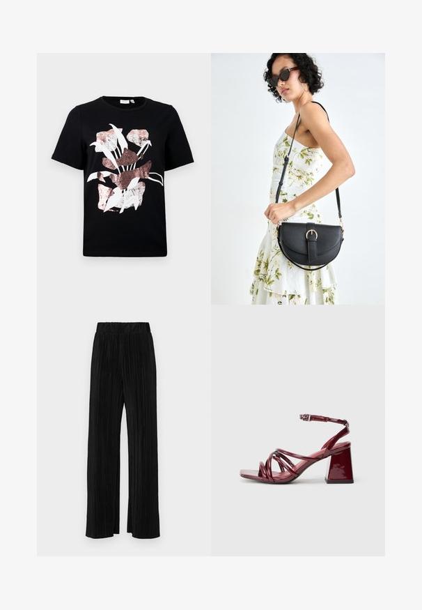 Juodas trumpomis rankovėmis marškinėliai su balta ir rožine auksine gėlių dizainu. Minkšta medžiaga, apvaliu iškirpimu ir įprastu kirpimu.; Juodi plisuoti kelnės su elastine juosta. Turėkite plačias kojas ir glotnų, tekstūrinį audinį su vertikaliais dryžiais.; Patentinių bordo spalvos aukštakulnių sandalų su kvadratiniu pirštu dizainas apima daugybę susipynusių dirželių ir masyvų blokinį kulną. Reguliuojamas kulkšnies dirželis.; Juodas odinis krepšys su išlenkta forma, nuimamu dirželiu ir auksiniais detalėmis. Krepšys turi kilpą su sagtimi.
