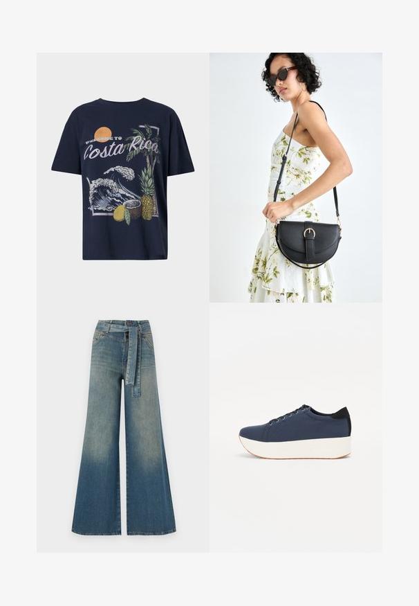 Jūrinės mėlynos spalvos medvilnės marškinėliai su grafiku „Sveiki atvykę į Kosta Riką“, kuriame derinami bangos, palmės, ananaso ir kokoso iliustracijos.; Platus džinsinis kelnes su šviesiai tamsiai mėlynu gradientu, aukštu juosmeniu, diržo kilpomis ir atitinkančiu audinio diržu. Textūruotas džinsinis paviršius.; Tamsiai mėlynas sportinis batelis su tekstūruotu audiniu viršuje, baltu platformos padu, apvaliu pirštu ir juodu kulno akcentu.š. Yra šešios skylės raišteliams.; Juodas odinis krepšys su išlenkta forma, nuimamu dirželiu ir auksiniais detalėmis. Krepšys turi kilpą su sagtimi.