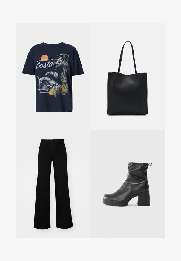 Temno modra bombažna majica z grafiko "Dobrodošli v Kostariki", združena z ilustracijami valov, palme, ananasa in kokosa.; Črne široke denim hlače s strukturiranim pasom, z zankami za pas in sprednjimi žepi. Gladka tekstura s klasičnim dizajnom.; Črne gležnjarje iz gladke kože z božnim zadrgo, masivnim teksturiranim peto in zaobljeno obliko prstov.; Črna usnjena torba s svilnato teksturo, pravokotne oblike in dvema dolgima ročajema. Brez vidnih metalnih delov ali okrasnih elementov.
