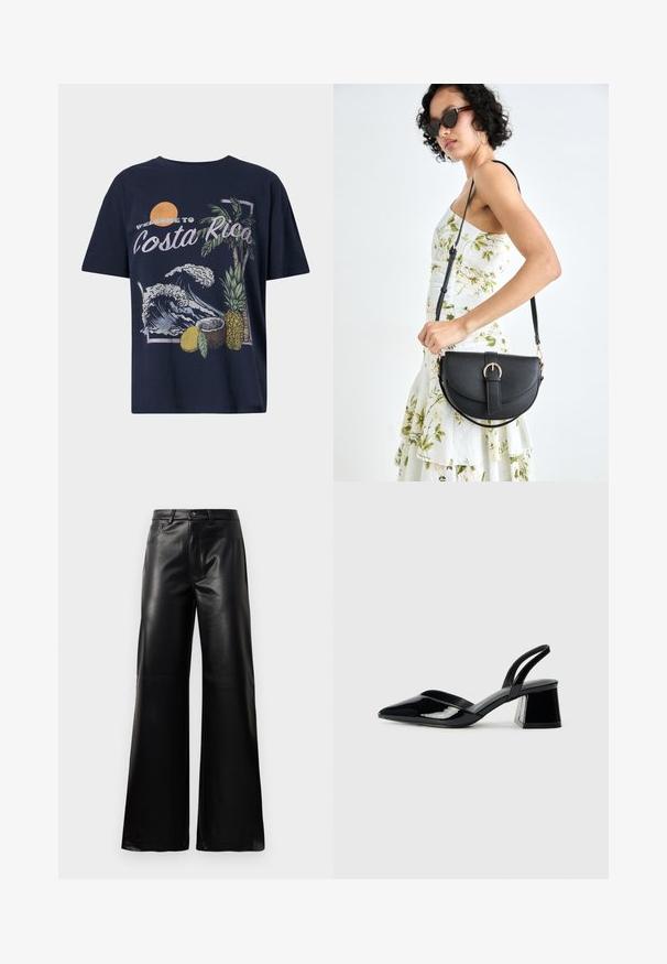 Tums zila kokvilnas T-krekls ar grafiku "Laipni lūdzam Kostarikā", apvienojot viļņu, palmu, ananāsu un kokosriekstu ilustrācijas.; Melnas augstās jostas platajās kājās sintētiskās ādas bikses ar priekšējo pogu, rāvējslēdzēju, jostas cilpām un sānu kabatām uz baltā fona.; Melna lakota āda ar atvērto papēdi, ar smailu purngalu un ģeometrisku blokpapēdi. Iezīmējas elegants, minimāls dizains un gluda tekstūra.; Melnas ādas rokassoma ar izliekta formu, noņemamu siksnu un zelta aksesuāriem. Somai ir vāciņš ar sprādzes detaļu.