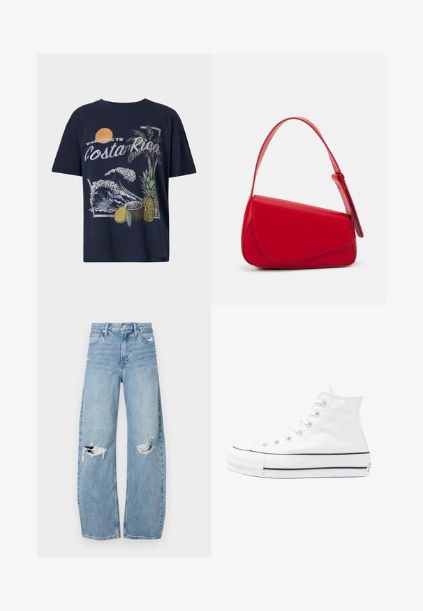 Mørkeblå bomull t-skjorte med grafikk som sier "Velkommen til Costa Rica", kombinert med bølger, palmer, ananas og kokosnøtt-illustrasjoner.; Lyseblå høytlivsjeans laget av denim. Har vide bein, to revne knær og klassisk fem-lommers design.; Hvit høy-skinn kanvas sneakers med svart gummisåle, gummitåhette foran og seks hull for snorer, med et rent, minimalistisk design.; Rød lærveske med en vinklet, geometrisk design. Har en enkelt justerbar stropp og en klaffelukking med sydd detaljer.