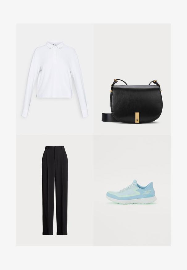 Balts garām piedurknēm polo krekls ar pogājamu apkakli un nedaudz brīvu piegriezumu, attēlots uz vienkārša balta fona.; Melnas piegriezuma bikses ar augstu jostasvietu, priekšā ar krokām, taisna kāju dizains un ar aprocēm. Izgatavotas no gludas auduma.; Gaiši zila sporta apava ar sietiņa augšdaļu, apaļu purngalu, mīkstu zoli un atstarotājiem. Iespējas ar saistošām auklām un atbalstošu papēdi.; Melnas ādas crossbody soma ar zelta toņa metāla akcentu un regulējamu siksnu, kurai ir gluda tekstūra un izliekta forma.