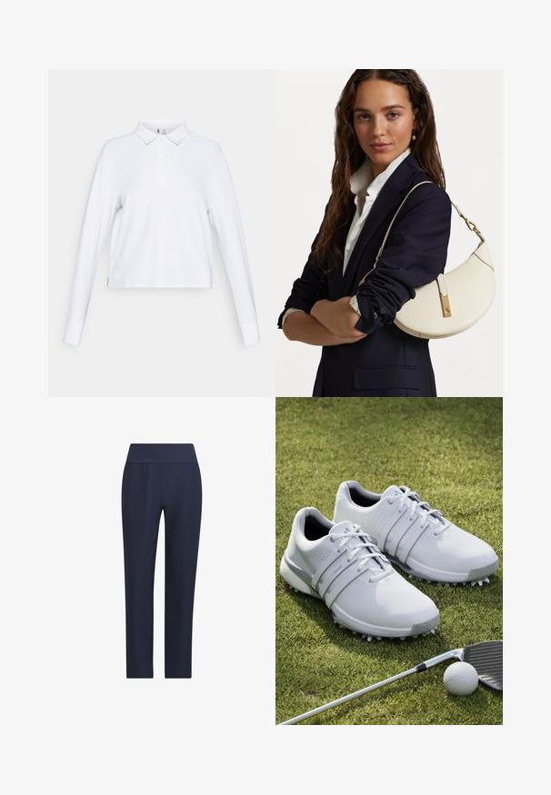 Fehér, hosszú ujjú polo ing, gombos gallérral és enyhén laza szabással, egy sima fehér háttér előtt kiemelve.; Sötétkék atlétikai nadrág sima rugalmasságú anyagból. Széles derékpánttal és tapered (szűkülő) lábformával rendelkezik. Nincsenek minták vagy díszítések.; Fehér golfcipők szintetikus felsőrésszel, struktúrált panelekkel és fűzős dizájnnal. Kiemelkedő talpstoplival és párnázott talpbetéttel rendelkezik.; Fehér bőr táska ívelt formával, arany kiegészítőkkel és texturált felülettel, sötét zakó és fehér ing fölött viselve.