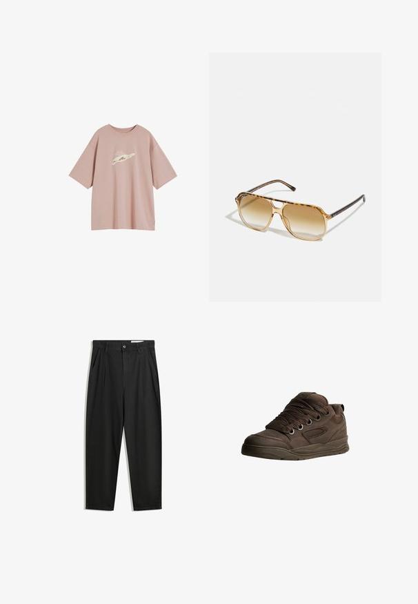 Støvet lyserød oversized t-shirt lavet af blødt bomuld, med et subtilt grafisk design på forsiden. Korte ærmer og rund halsudskæring.; Sorte bomuldsbukser med en afslappet pasform, der har en klassisk talje, frontfolder og sidelommer. Glat tekstur uden mønstre.; Brune sportsko lavet af glat syntetisk materiale. Har tykke snørebånd, mesh-detaljer, polstret krave og struktureret gummisål.; Skildpaddefarvede solbriller med rektangulær ramme, brune gradientlinser og slanke sorte stænger med diskrete logodetaljer.