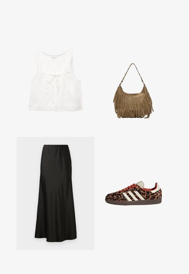 Weiße ärmellose Bluse mit Spitzenbesatz, Bindegürtelverschluss und dekorativen Knopfdetails am Oberteil in einem lässigen Schnitt.; Schwarzer Satin-Maxikleid mit glatter Textur, hoher Taille und ausgestelltem Saum. Hat ein einfaches Design ohne sichtbare Muster oder Hardware.; Sneaker im Leopardenmuster aus Wildleder mit roten Schnürsenkeln und drei weißen Streifen an der Seite. Sie haben eine cremefarbene Zunge und eine braune Sohle.; Braune Wildleder-Handtasche mit langen Fransen, einer geschwungenen Form und einem einzelnen Schultergurt. Verfügt über eine glatte, strukturierte Oberfläche.